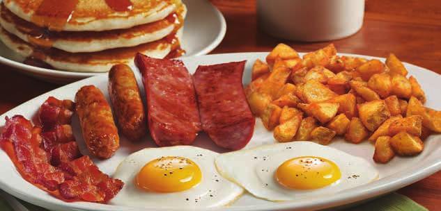 49 Tremendous Twelve * Three eggs, four buttermilk pancakes, choice of hash browns, breakfast potatoes, tots or fruit and choice of four applewood smoked bacon strips or four sausage links. 10.