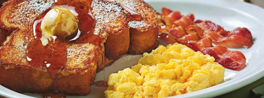 Three slices of Brioche French Toast a la carte CINNAMON ROLL FRENCH TOAST PLATTER* A fresh baked cinnamon roll, sliced and dipped in our French toast batter, then grilled and served with two eggs