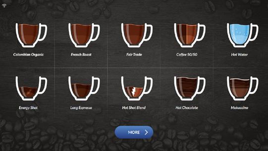 Intuitive User Interface In Colors That Match Your Brand Selection Screen Easily recognizable images for each beverage showing the recipes content. Maintenance notifications on screen.