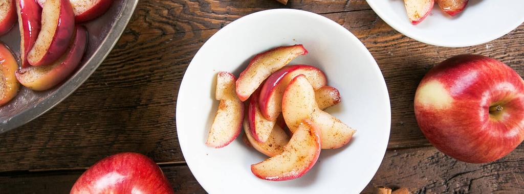 Warm Apples with Cinnamon 3 ingredients 10 minutes 1 serving 1. In a pan, melt coconut oil over medium heat. 2. Add apple slices and sauté until soft, about 5-8 minutes. 3. Sprinkle cinnamon over top and stir to coat evenly.