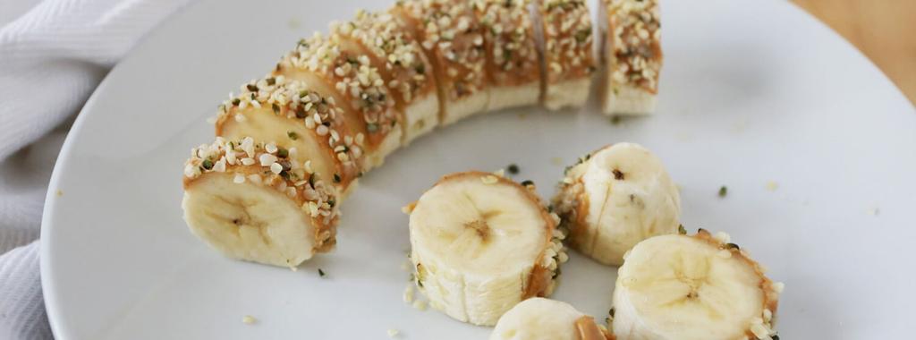 Banana Sushi 3 ingredients 5 minutes 1 serving 1. Spread almond butter onto banana. 2. Sprinkle hemp seeds over top.