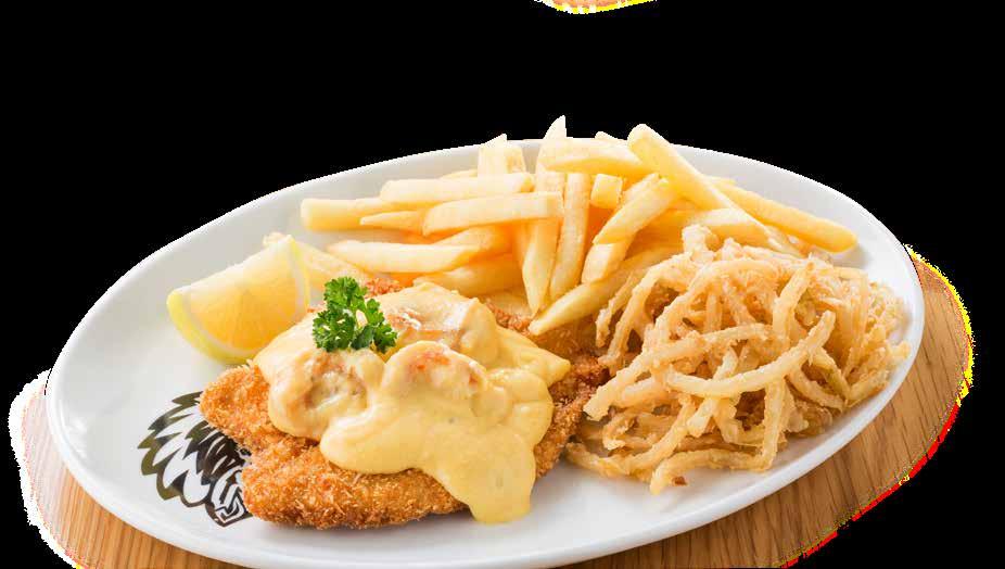 90 Crumbed chicken breast fillet, topped with cheese or creamy mushroom sauce. CHEESY GARLIC 89.90 129.90 PRAWN SCHNITZEL Crumbed chicken breast fillet, topped with cheesy garlic prawns.