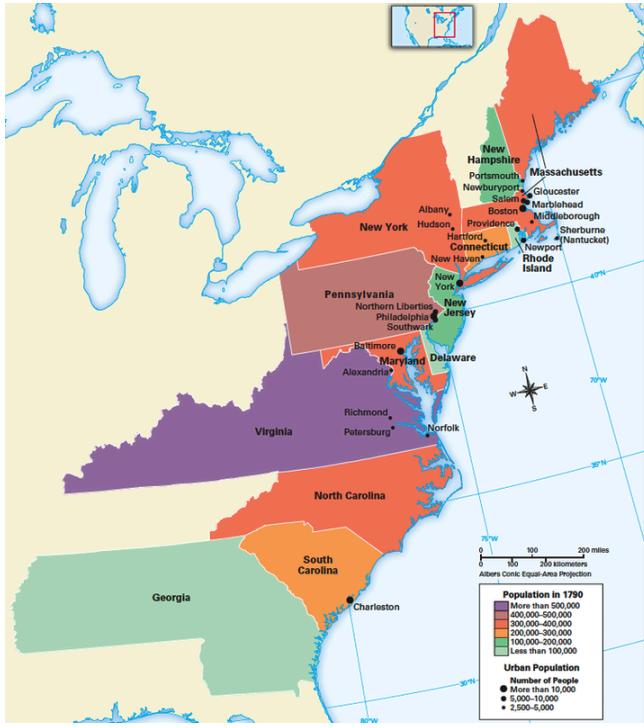 1. Label each state on the map. Which two states had the largest populations? Virginia and Pennsylvania had the largest populations. 2. Locate and label the nation s five largest cities in.