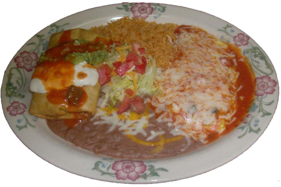 Combinaciones All combinations are served with rice and beans ( except # 36, 41, 42, 51 and 56) Enchiladas are available with choice of 33. One Item enchilada. 8.99 34. Two Items enchilada. 11.29 35.