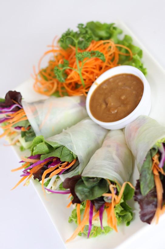 25 g Squid with cucumbers, mixed greens, basil leaves, and carrots in a spicy lime Fresh spring salad, carrots, basil, beansprouts, glass noodles and tofu wrapped in soft rice paper and served with