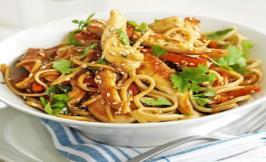 Recipe 2 Sizzling stir-fry 100g noodles 1 x chicken breast (or boneless 3-4 thighs) 1/2 yellow pepper 3 mushrooms small bag of stir fry vegetables 1 dessert spoon oil 1 dessertspoon soy sauce