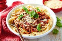 Recipe 5 Spaghetti Bolognese 1 onion 1 clove garlic 1 carrot(optional) 1 celery stick(optional) 250g minced beef 400g canned chopped tomatoes 1 x tablespoon tomato puree 100ml water 1 x tea spoon