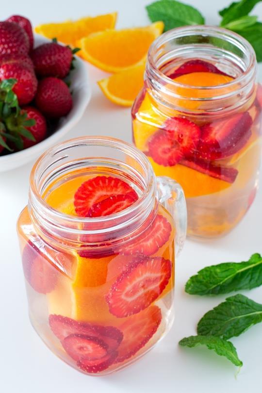 30 Beverages Tropical Infused Water Pitcher with lid Ice Water 1 ½ orange 2 strawberries 1 small lemon 1 small lime Mint 1. Fill pitcher ¾ full with water. 2. Add 2 cups of ice.