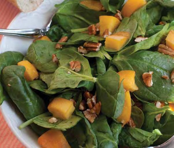 Calories 161 Carbohydrate 8 g Protein 2 g Fat 13 g Fiber 3 g Sodium 79 mg Cholesterol 0 mg Spinach Salad with Peaches & Pecans Number of servings: 4 Serving size: about 1 cup ½ cup pecan pieces 2