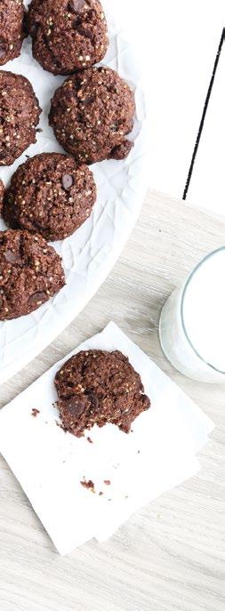 Double Chocolate Coconut Cookies 1/2 cup unsweetened shredded coconut 1/2 cup Coconut & Cocoa Hemp Heart Toppers 1 1/4 cups oat flour 2 tbsp. cocoa powder 1/4 tsp. baking soda 1/4 tsp.