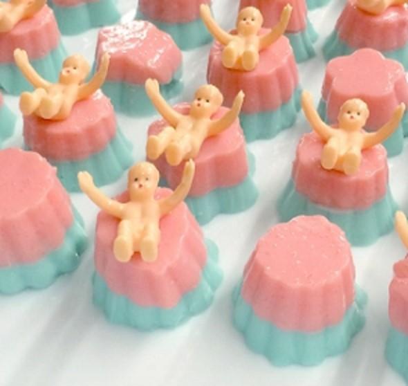Baby Shower Jello Shots Dessert Blueberry Cream Mold *Not for the Mom to Be Pink layer 1 package of watermelon (or any red colored) flavored gelatin ½ cup of boiling water ¾ cup of cups sweetened