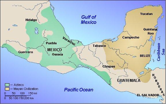 MAYANS The Mayans lived on the Yucatan Peninsula (in brown, right). This civilization flourished between 300 and 900 CE.