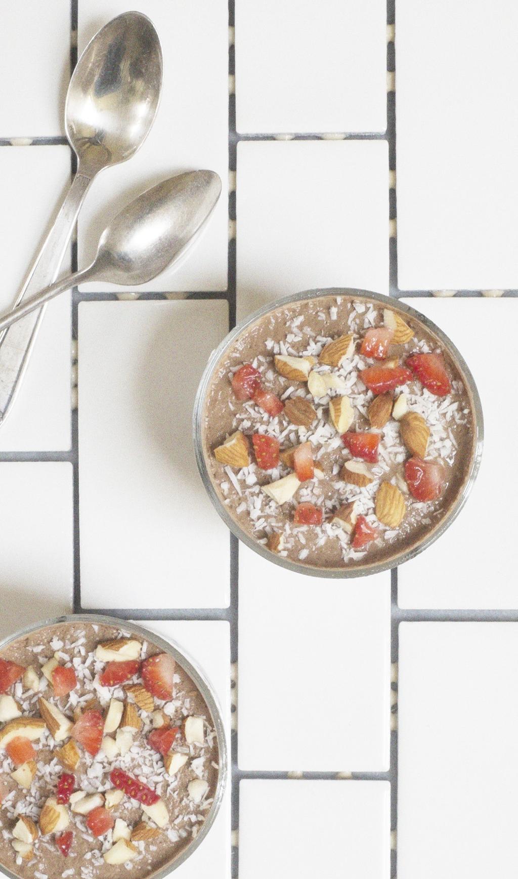 Chia Pudding 1 serving of PW1 Chocolate, Vanilla or Blackcurrant 1 cup (240ml) almond or coconut milk 5 tbsp chia seeds Optional toppings: Fresh berries, shredded coconut, chopped almonds.