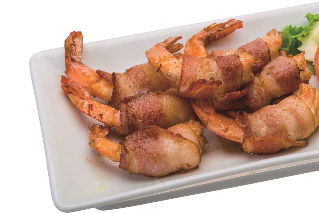 BACON-WRAPPED SHRIMP STUFFED WITH HORSERADISH 1. Stuff each shrimp with about 1 tsp. of horse radish and then wrap with the bacon and secure with a toothpick. 2.