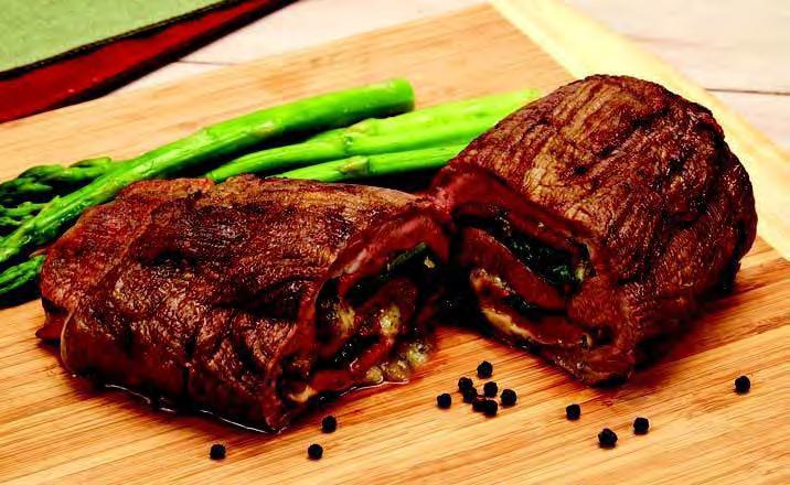 BEEF ROLL UP 1. Open up (butterfly) the steak flat. Spread the pesto evenly on the meat. 2. Layer the cheese, roasted red peppers & spinach 3/4 of the way down the meat. 3. Roll up and secure with toothpicks.