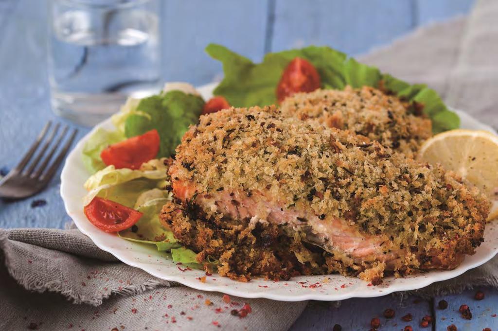 INGREDIENTS: (2), 8 oz. salmon filets 1 tsp. olive oil - spray bottle 1/2 cup pesto sauce, jarred or homemade 1/2 cup panko crumbs 1 Tbsp. sea salt 1 tsp. pepper SALMON WITH PANKO AND PESTO CRUST 1.