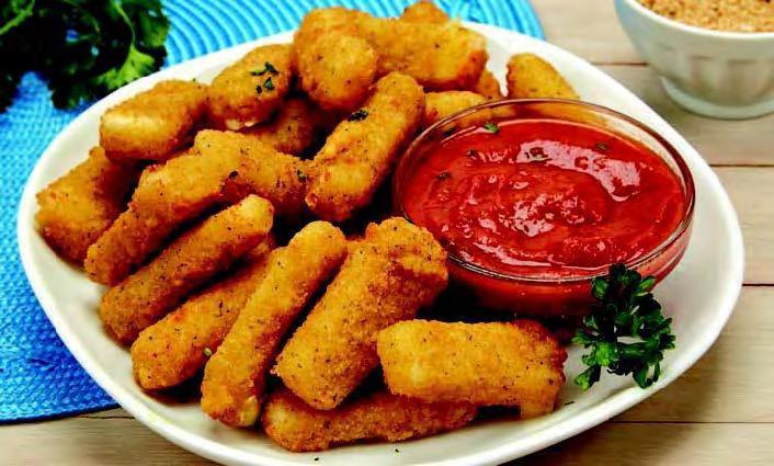 MOZZARELLA STICKS 1. Cut cheese into 3 x 1/2 inch sticks. 2. Place breadcrumbs in a bowl. Place flour in a separate bowl. Mix the egg and milk together and put in a separate bowl. 3. Dip cheese sticks in flour, then egg mixture, and finally breadcrumbs.