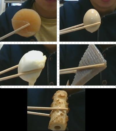 Further, we selected the following five typical food items in Oden: radish, egg, Hanpen(Boiled Fish Cake), Konjac and chiikuwa (Grilled Fish cake).