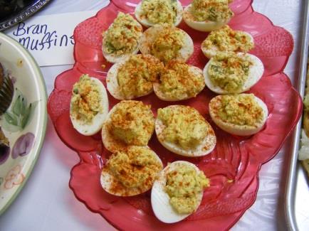 Angel Eggs Hard boiled eggs (don t forget to salt the water while boiling) Diced onions Pickle relish (or diced pickles if you don t have relish) Mayonnaise & Spicy brown mustard to taste Pepper &
