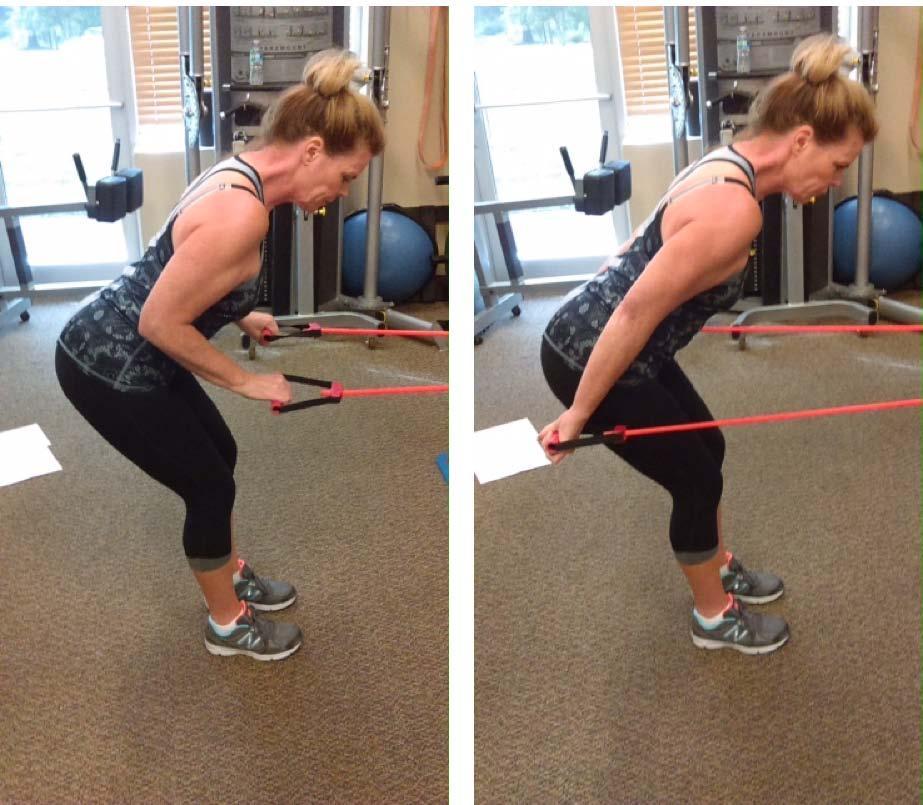 Band Triceps Kickbacks Facing the door, hinge over at the hips and straighten your arms behind you stretching
