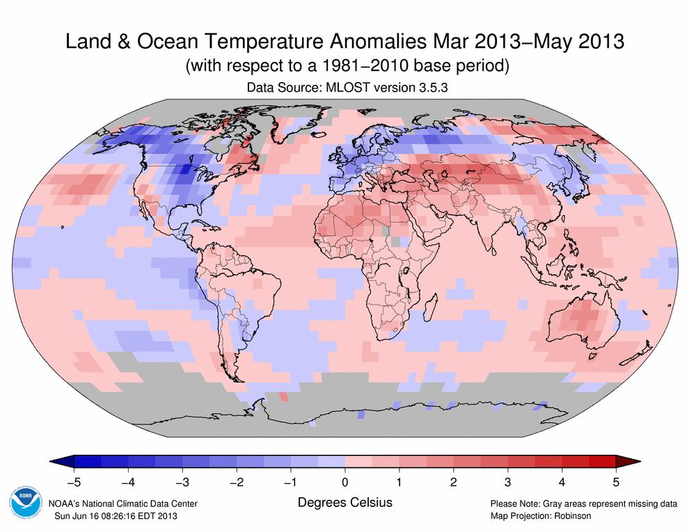 Example 2013 The average global March to May temperature was 0.