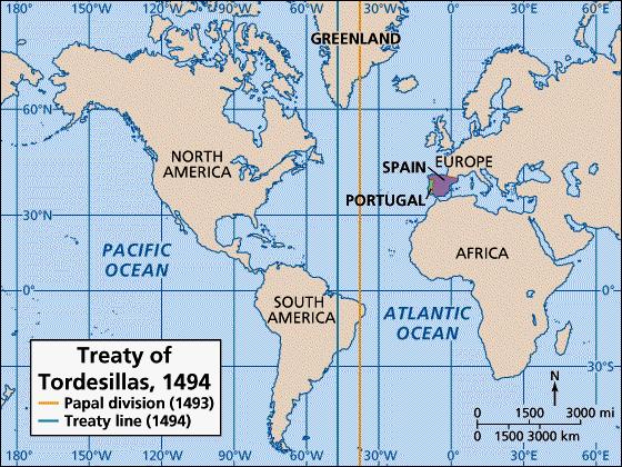 American Exploration Treaty of Tordesillas (1494) New World divided between Spain & Portugal North-South line drawn through the