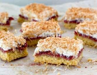 Jam Coconut Slice Makes 16 Slices Base: Top: 1 egg white 1/3 cup sugar 2 tablespoons margarine ¼ cup skim milk 1½ cups self-raising flour Cooking spray 1 cup jam (raspberry, strawberry, blackcurrant,