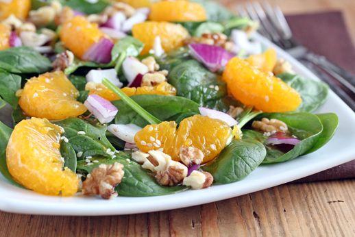 Spinach Salad with Orange Sesame Dressing (serves 4) 1 bunch fresh spinach (about 6 cups of leaves) 1 red or yellow bell pepper, cut into strips 1/4 to 1/2 cup thinly sliced red onion 1 orange,