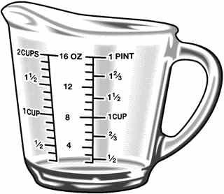 Measuring Liquids A liquid measuring cup has a rim above the 1 cup line to prevent spills. Place the cup on a level surface and read it from the side.