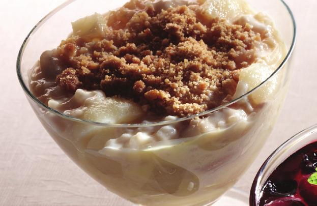 Desserts Apple & Pear Rice Pudding Layer A creamy fruit and custard layer topped with rice pudding and finished with a crunchy light biscuit topping. Ingredients (for 4 servings) 429kcal and 8.