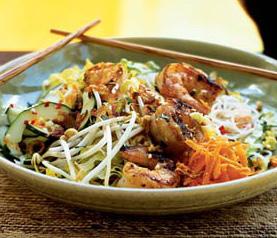 LUNCH Cucumber Shrimp & Noodles Dressing: 1 garlic clove, finely chopped 1/2 small red chilli, deseeded and finely chopped Salad: 1 tbsp honey juice of 2 limes 250g thin rice noodles 26 medium cooked