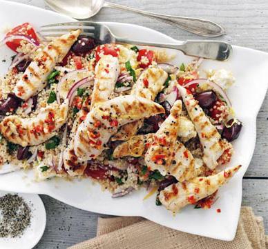 Grilled Chicken with Greek Quinoa 2 cups quinoa 1 1/2 tablespoons coconut butter 1 red small chilli, deseeded and finely chopped 1 garlic clove, crushed 400g chicken mini fillets 1 1/2 tbsp