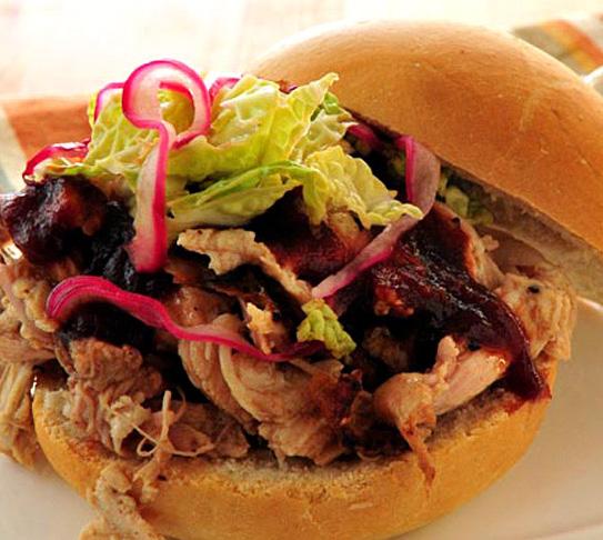 Barbecue Turkey Sandwich 1 small red onion, thinly sliced 1 cup finely shredded red cabbage 1/4 cup balsamic vinegar 1 pound thickly sliced cooked turkey meat, cut into thin strips 2/3 cup barbecue