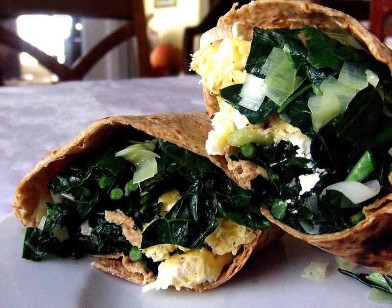 BREAKFAST Breakfast Wraps with Egg & Kale 1 1/2 tablespoons extra-virgin olive oil 1 1/4 cups grape tomatoes, halved 1 large shallot, chopped 2 garlic cloves, chopped 5 kale leaves 1 teaspoon chopped