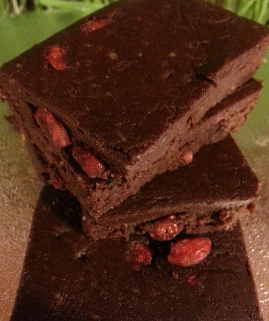 Per serving: 375 Calories, 30 g Protein, 50 g Carbohydrates, 3g Fat, 10g Fiber Serves 1 Goji Berry Brownies 1.