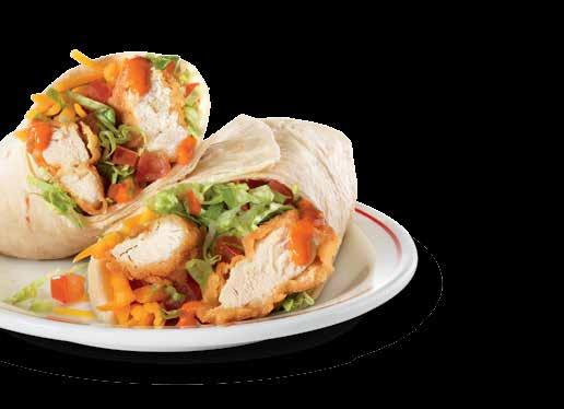 Stuffed, Stacked and Toasted WRAPS & MELTS BUFFALO CHICKEN WRAP Crispy chicken tenders with tomatoes, lettuce, cheddar cheese and buffalo sauce wrapped in a tortilla.