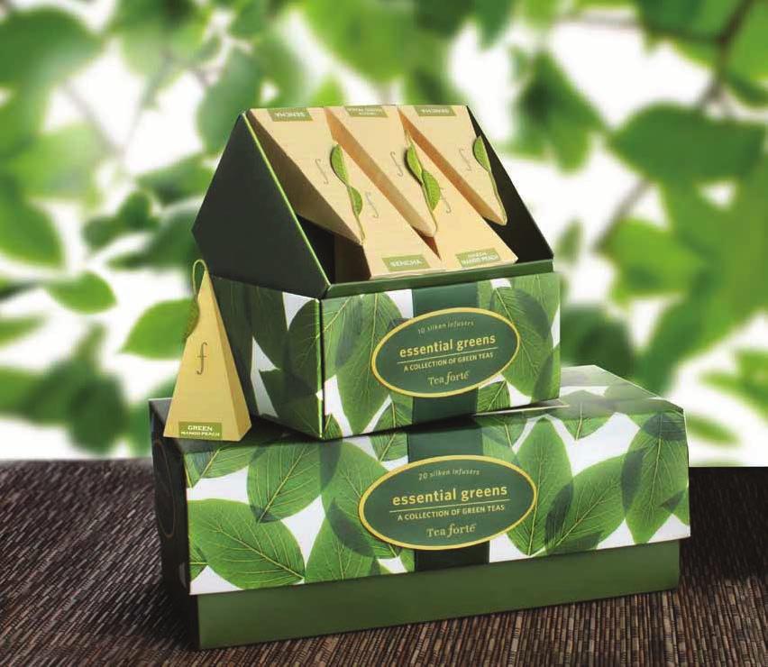3 H 13428 PETITE RIBBON BOX (10 INFUSERS) 4.5 L X 4.0 D X 3.0 H essential greens gift tins Award-winning tins attractively display signature pyramid tea infusers.