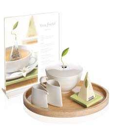 stand and card - Two silken infusers - Celery green Tea Tray - Porcelain Café Cup - Oval Tray - Creamer & Sugar set Drive your