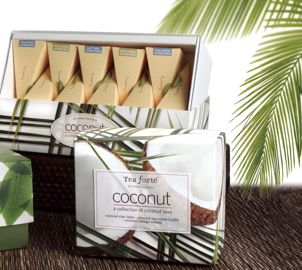 coconut ribbon box & petite ribbon box coconut collection The tropical taste of paradise. Delicious, captivating cups of coconut tea, fragrant and flavorful with creamy, rich, shredded coconut.