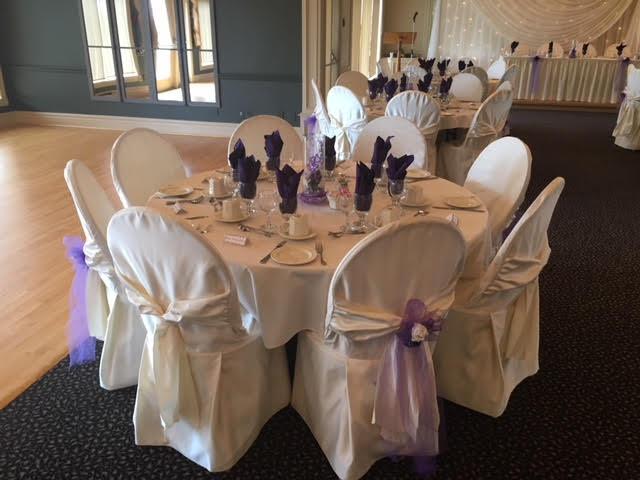 table cloths Choice of napkin colour Floating candle vase centre pieces Air conditioned banquet hall Use of wedding backdrop Use of bridal room Bridal gardens for