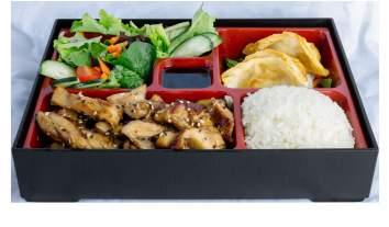 Bentos Bentos are box-shaped containers filled with a variety of items. All Bento boxes come with miso soup. Bento 1 Grilled strips of marinated Teriyaki Chicken, House Salad, Rice, and tasty Gyoza.