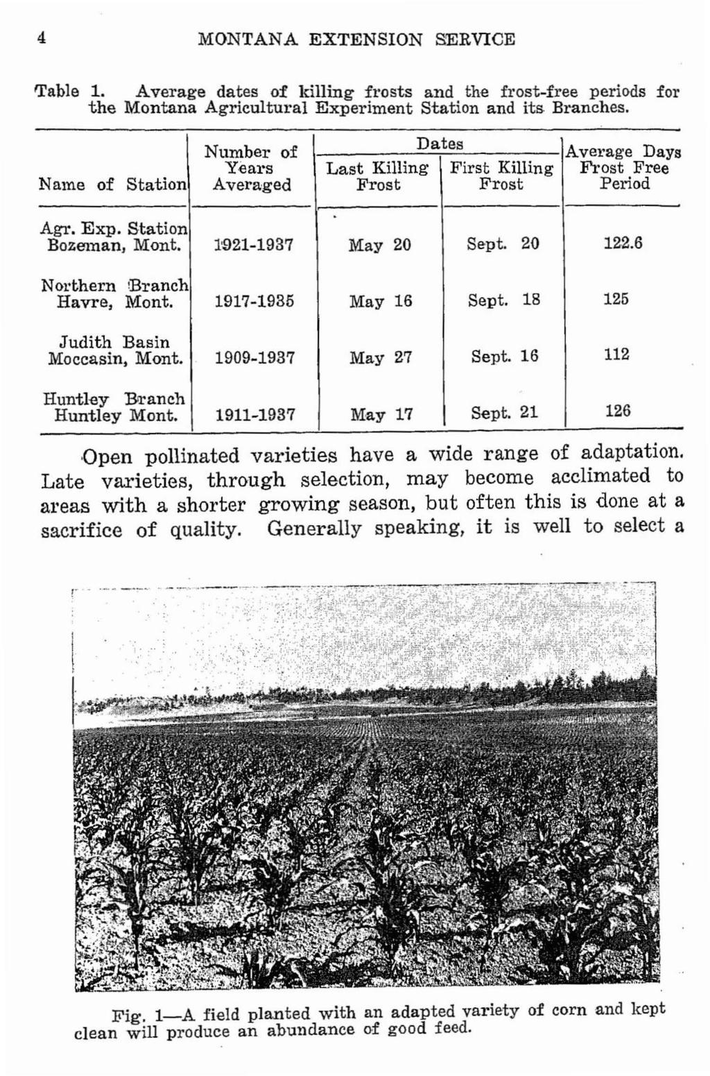 4 MONTANA EXTENSION SERVICE Table 1. Average dates of killing frosts and the frost-free periods for the Montana Agricultural Experiment Station and its Branches.