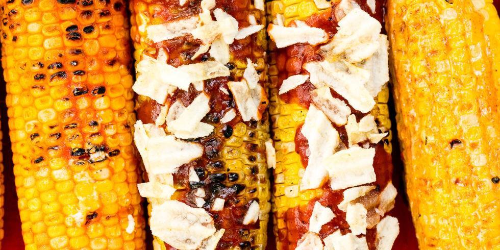 BBQ GRILLED CORN 4 ears corn, husks removed 1/3 c. barbecue sauce, such as Stubb s 1/2 c. crushed wavy potato chips 1.Heat grill to high.