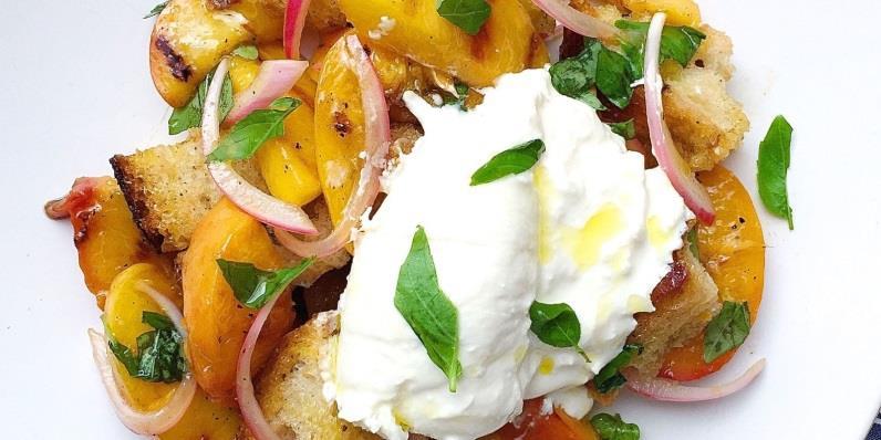 PEACH PANZANELLA WITH BURRATA 1/2 red onion, thinly sliced (1 cup) 1/2 c. white balsamic vinegar 1/2 loaf ciabatta, cut in 1 1/2" cubes (4 cups) 1/2 c.