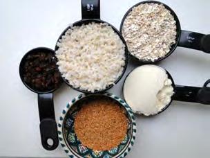 Brown rice granola bars : 1 cup cooked brown rice 1/2 cup oats 1/3 cup vanilla protein powder 1/4 cup raisins 3 tbsp