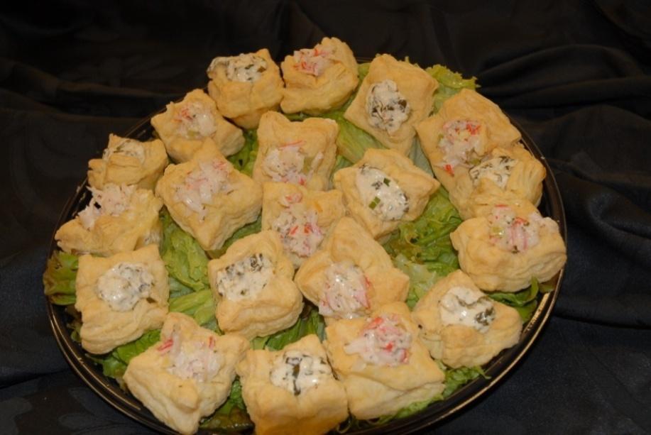 Deli Puff Pastry Salad Stacks Step : Cut each 5x5 Puff square into fourths. Step : Lightly spray mini muffin tin and place one puff square in each muffin cup. Be sure to push down center to fill cup.
