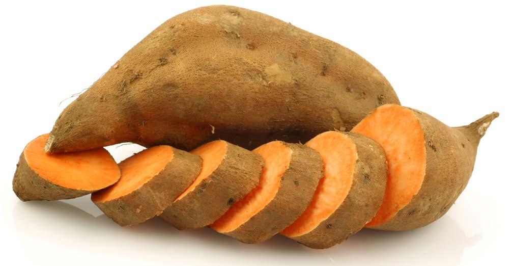 Sweet potato This root vegetable is a sweet potato. There are two types: pale yellow with dry flesh, and dark orange with moist flesh.