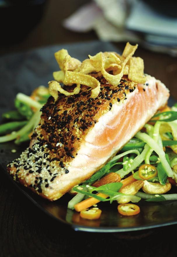 04 6 wontons Sesame crusted salmon with Asian Salad Oil for frying 100g mange tout 3 spring onions 2 carrots Half a cucumber Half a green papaya (optional) ½ cup roasted cashews, chopped 4 pieces of