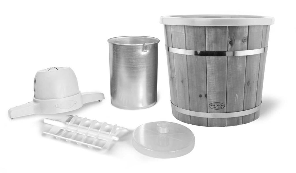 ENGLISH PARTS & ASSEMBLY Take the VINTAGE COLLECTION OLD FASHIONED ICE CREAM MAKER out of the box and wash the Bucket, Canister, Lid and all accessories (except for Electric Motor and plug) with