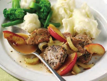 saturday porkwithapples p and celery andcelery 327kcals/1368kJ per portion Another time, make this recipe with turkey breast steaks instead of pork.
